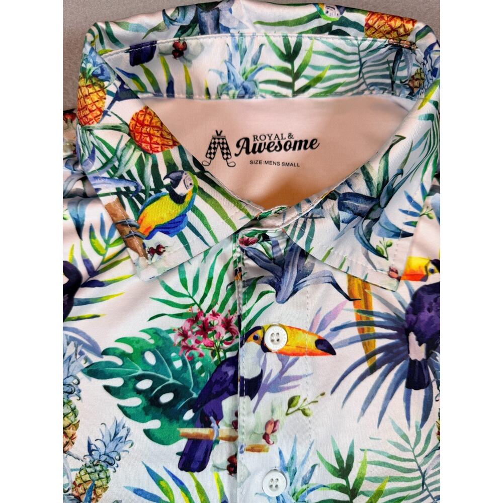Royal & Awesome Mens Golf Polo Shirt Tropical Toucan Print Small NWOT